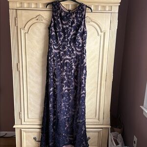 Navy Lace Overlay Sleeveless Evening Gown